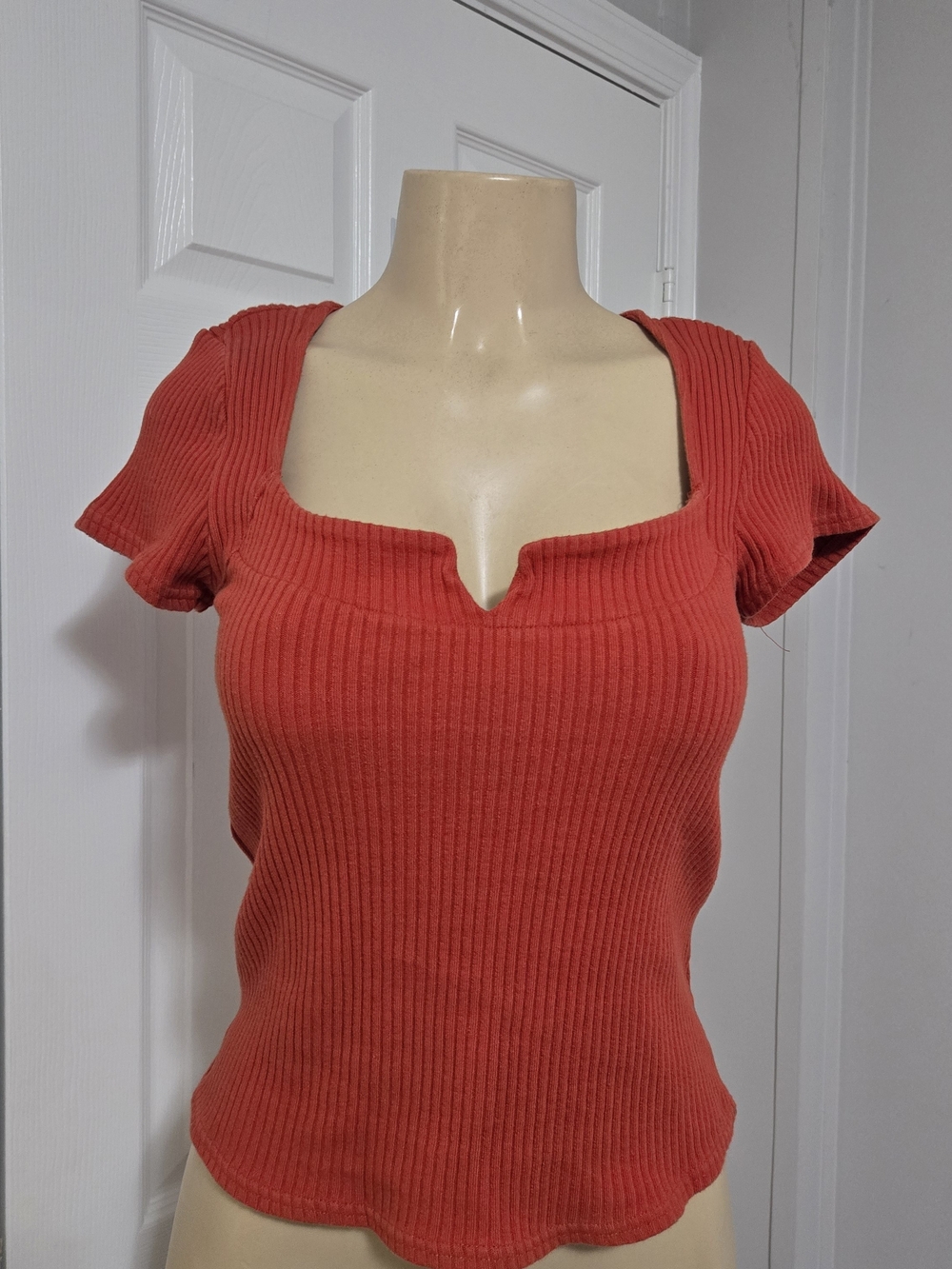Free People Ribbed Short Sleeve Square Neck Top in Red